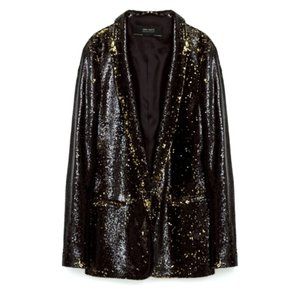 NWT Zara Black & Gold Sequin Blazer Jacket. M